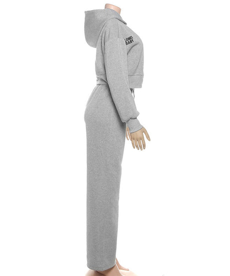 Chic Fall Comfort: 'Lonely Baby' Cropped Zip-Up Hoodie & Wide Leg Sweatpant Set – Essential Loungewear for Women
