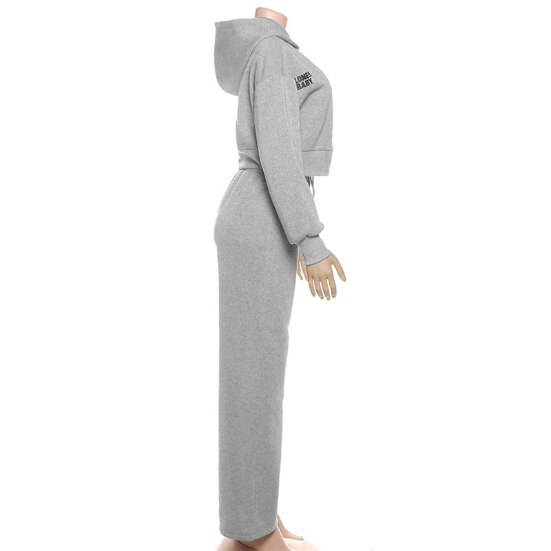 Chic Fall Comfort: 'Lonely Baby' Cropped Zip-Up Hoodie & Wide Leg Sweatpant Set – Essential Loungewear for Women