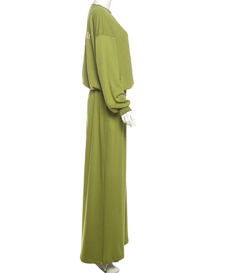 Cozy Fall Comfort: Women's Olive Green 2-Piece Loungewear Set - Chic Wide-Leg Pants & Crewneck Top