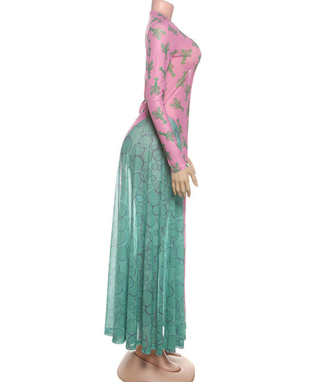 Effortless Edge: Pink & Teal Lobster Claw Mesh Maxi Dress - Fall Statement Piece