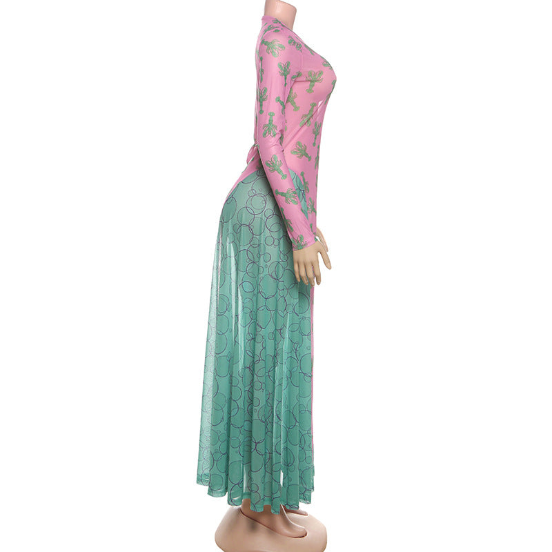 Effortless Edge: Pink & Teal Lobster Claw Mesh Maxi Dress - Fall Statement Piece