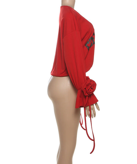Red Hot Graphic V-Neck Crop Top | Statement Rose Tie Sleeves | Fall '25 Street Style Essential