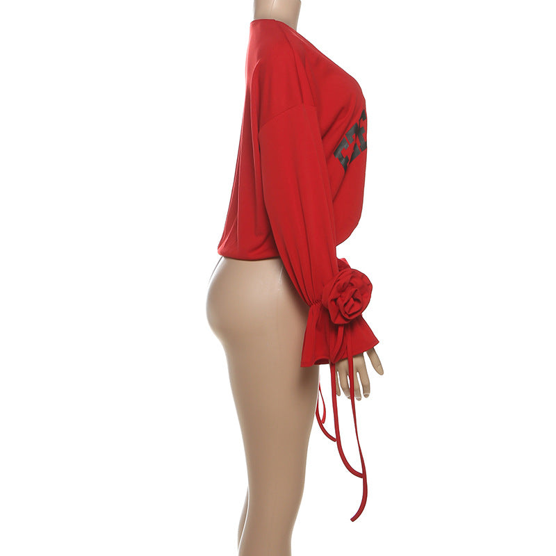 Red Hot Graphic V-Neck Crop Top | Statement Rose Tie Sleeves | Fall '25 Street Style Essential
