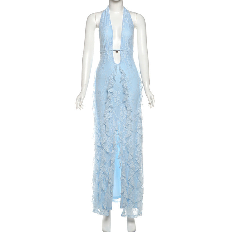 Stunning Sky Blue Lace Halter Maxi Dress - Ruffle Slit for Resort & Destination Weddings