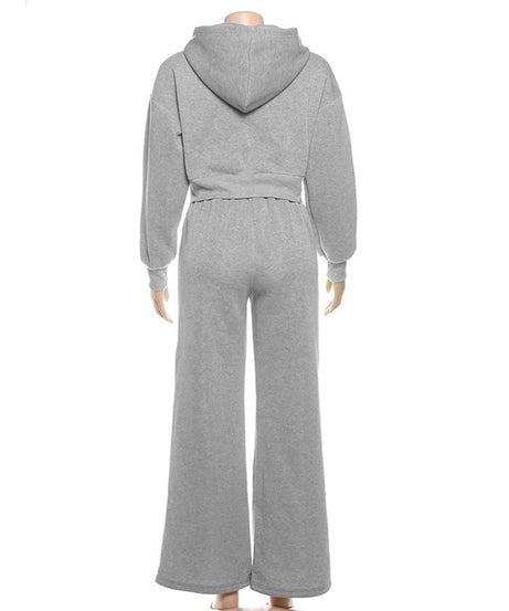 Chic Fall Comfort: 'Lonely Baby' Cropped Zip-Up Hoodie & Wide Leg Sweatpant Set – Essential Loungewear for Women