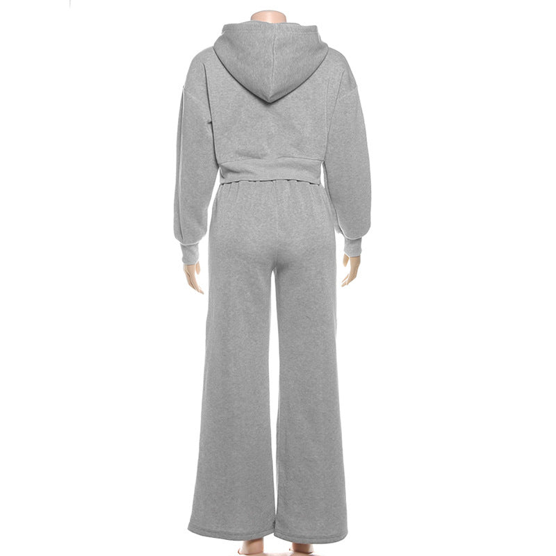Chic Fall Comfort: 'Lonely Baby' Cropped Zip-Up Hoodie & Wide Leg Sweatpant Set – Essential Loungewear for Women