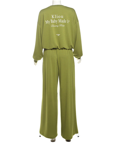 Cozy Fall Comfort: Women's Olive Green 2-Piece Loungewear Set - Chic Wide-Leg Pants & Crewneck Top