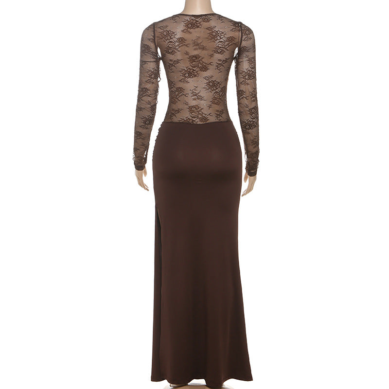 Sophisticated Fall Romance: Brown Lace Ruched Long Sleeve Maxi Dress