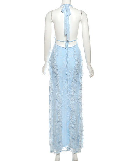Stunning Sky Blue Lace Halter Maxi Dress - Ruffle Slit for Resort & Destination Weddings