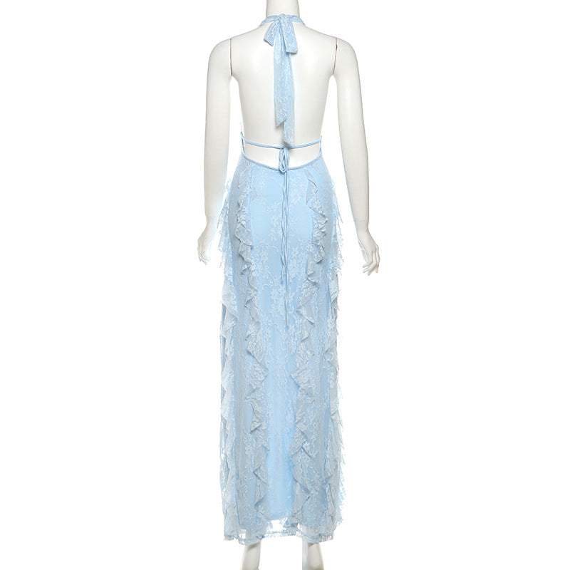Stunning Sky Blue Lace Halter Maxi Dress - Ruffle Slit for Resort & Destination Weddings