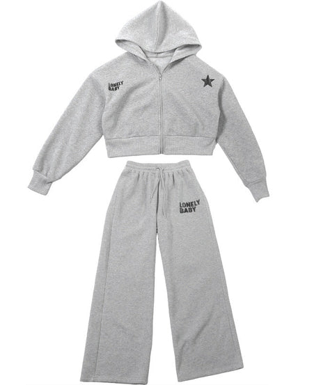 Chic Fall Comfort: 'Lonely Baby' Cropped Zip-Up Hoodie & Wide Leg Sweatpant Set – Essential Loungewear for Women