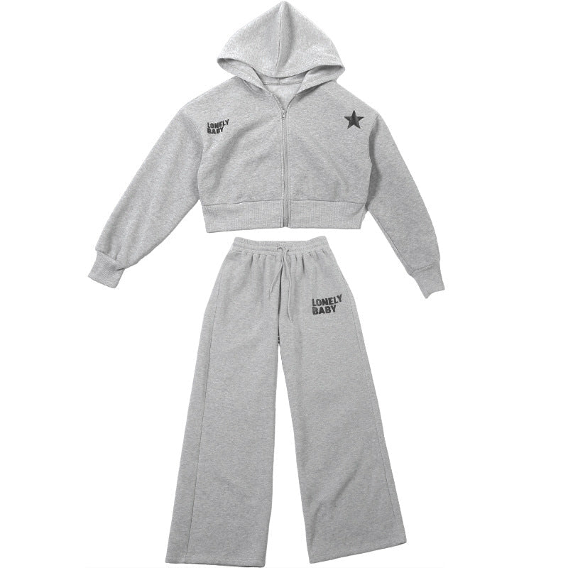 Chic Fall Comfort: 'Lonely Baby' Cropped Zip-Up Hoodie & Wide Leg Sweatpant Set – Essential Loungewear for Women