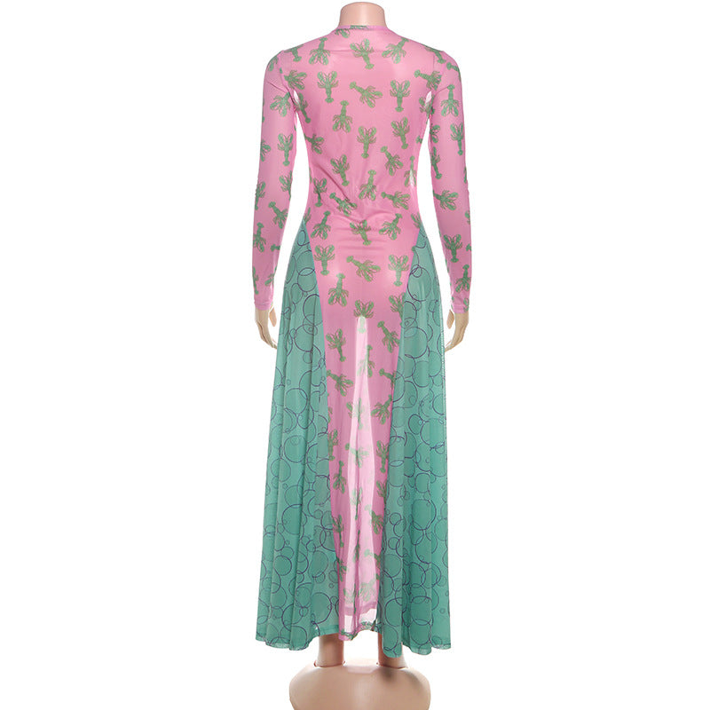 Effortless Edge: Pink & Teal Lobster Claw Mesh Maxi Dress - Fall Statement Piece