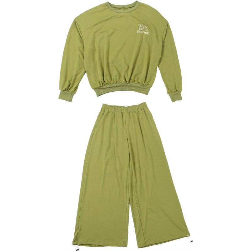 Cozy Fall Comfort: Women's Olive Green 2-Piece Loungewear Set - Chic Wide-Leg Pants & Crewneck Top