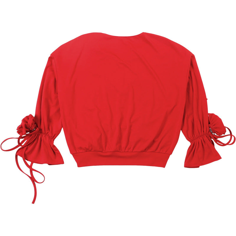 Red Hot Graphic V-Neck Crop Top | Statement Rose Tie Sleeves | Fall '25 Street Style Essential