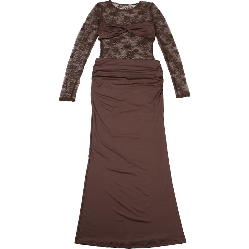 Sophisticated Fall Romance: Brown Lace Ruched Long Sleeve Maxi Dress