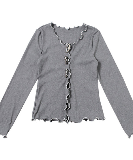 Chic Grey Scalloped Knit Cardigan Top | Statement Buttons | Fall Fashion Essential