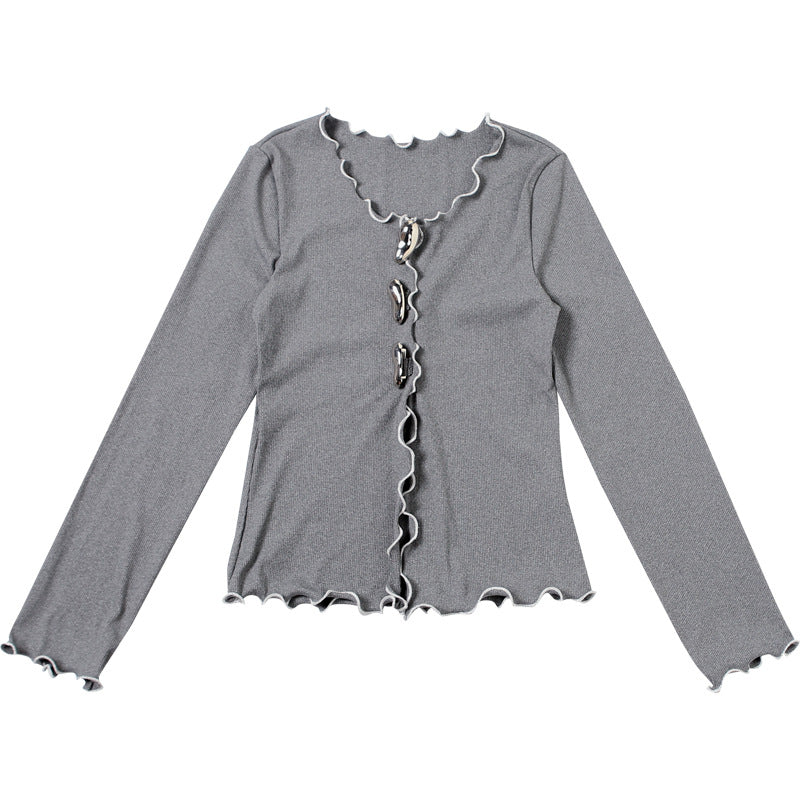 Chic Grey Scalloped Knit Cardigan Top | Statement Buttons | Fall Fashion Essential