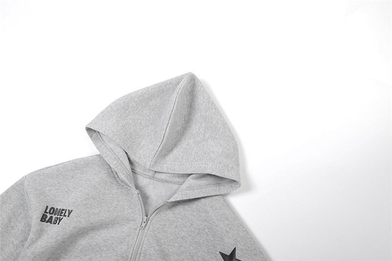 Chic Fall Comfort: 'Lonely Baby' Cropped Zip-Up Hoodie & Wide Leg Sweatpant Set – Essential Loungewear for Women