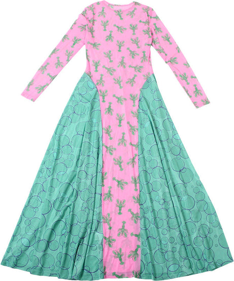 Effortless Edge: Pink & Teal Lobster Claw Mesh Maxi Dress - Fall Statement Piece