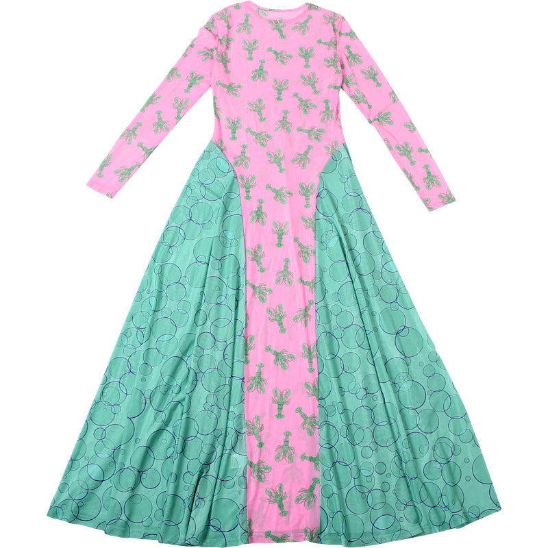 Effortless Edge: Pink & Teal Lobster Claw Mesh Maxi Dress - Fall Statement Piece