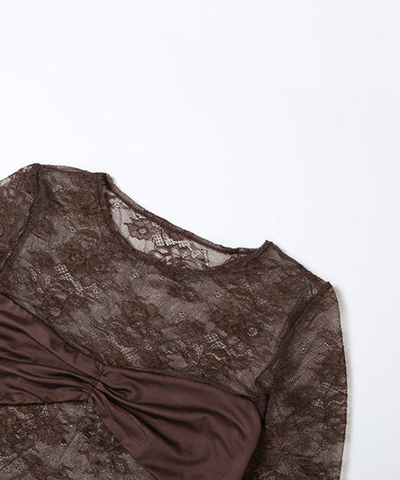 Sophisticated Fall Romance: Brown Lace Ruched Long Sleeve Maxi Dress