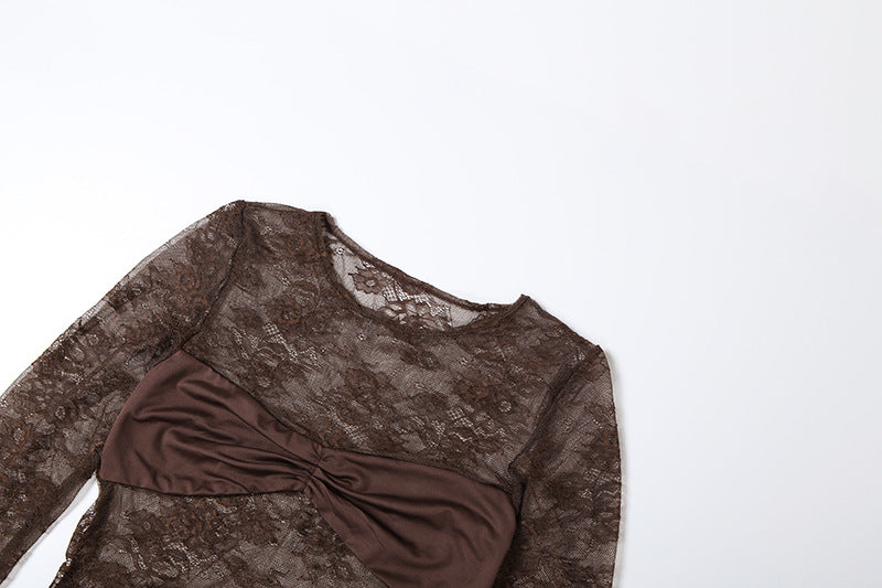 Sophisticated Fall Romance: Brown Lace Ruched Long Sleeve Maxi Dress