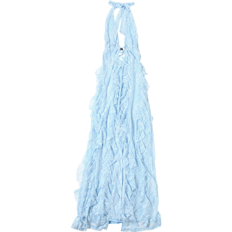 Stunning Sky Blue Lace Halter Maxi Dress - Ruffle Slit for Resort & Destination Weddings