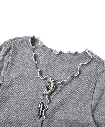 Chic Grey Scalloped Knit Cardigan Top | Statement Buttons | Fall Fashion Essential