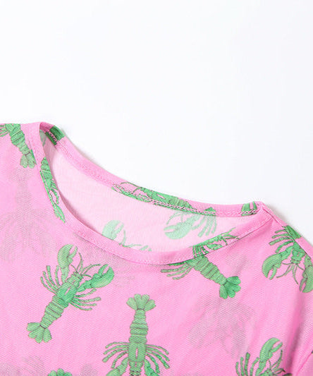 Effortless Edge: Pink & Teal Lobster Claw Mesh Maxi Dress - Fall Statement Piece