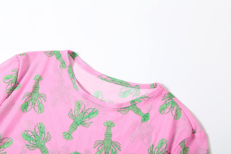 Effortless Edge: Pink & Teal Lobster Claw Mesh Maxi Dress - Fall Statement Piece