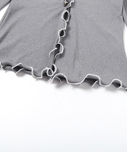 Chic Grey Scalloped Knit Cardigan Top | Statement Buttons | Fall Fashion Essential