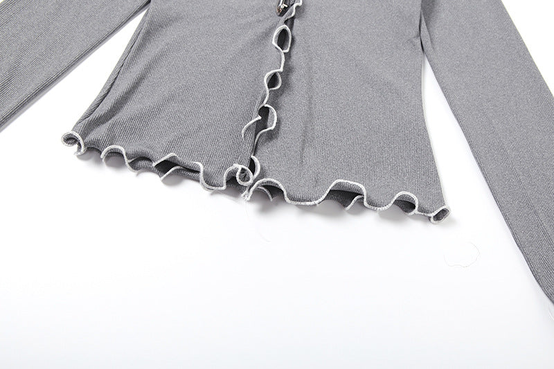 Chic Grey Scalloped Knit Cardigan Top | Statement Buttons | Fall Fashion Essential
