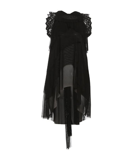 Effortless Chic: Black Tiered Ruffle Tunic with Lace & Sheer Accents - Perfect for Fall & Holiday Parties