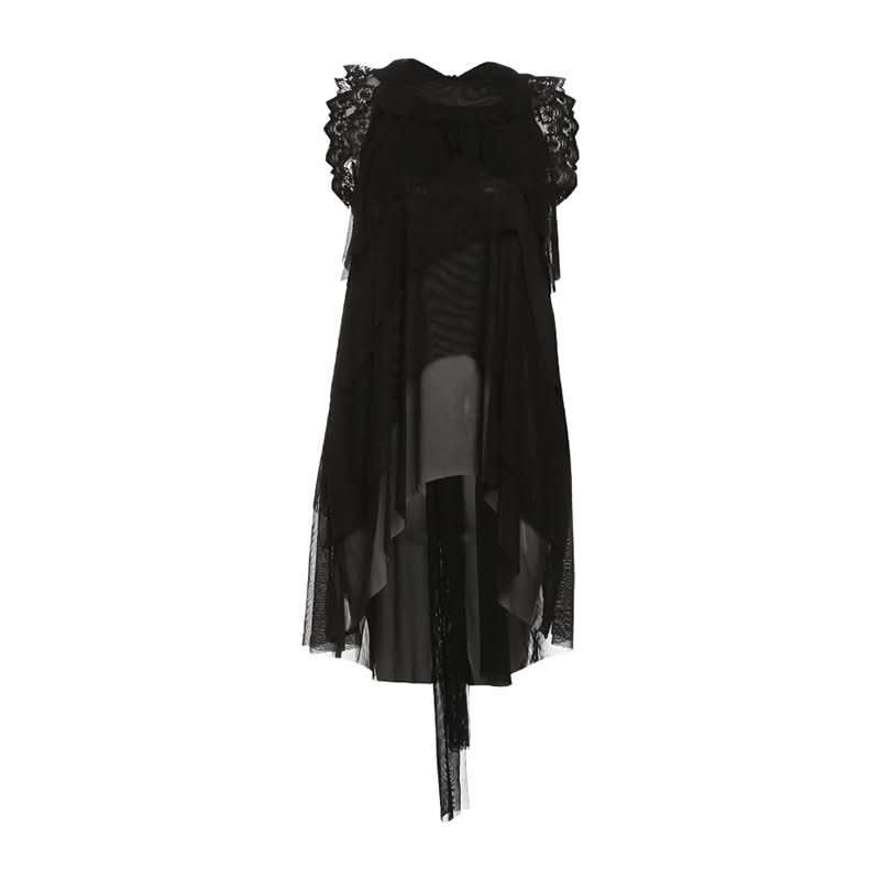 Effortless Chic: Black Tiered Ruffle Tunic with Lace & Sheer Accents - Perfect for Fall & Holiday Parties
