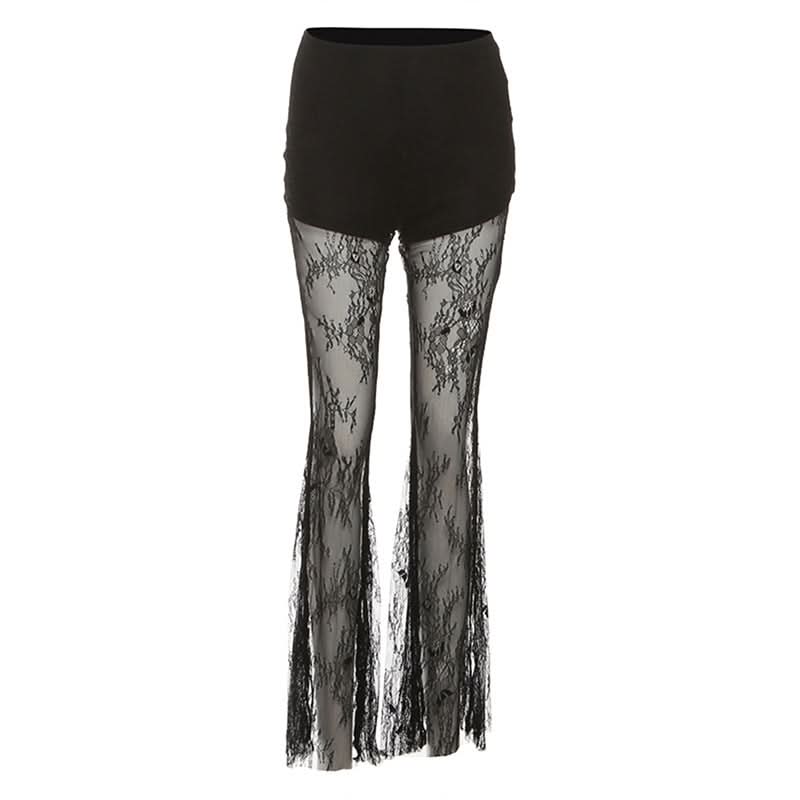 Allure & Elegance: Black High-Rise Sheer Lace Flare Pants - Your Go-To for Fall Evenings & Holiday Glam