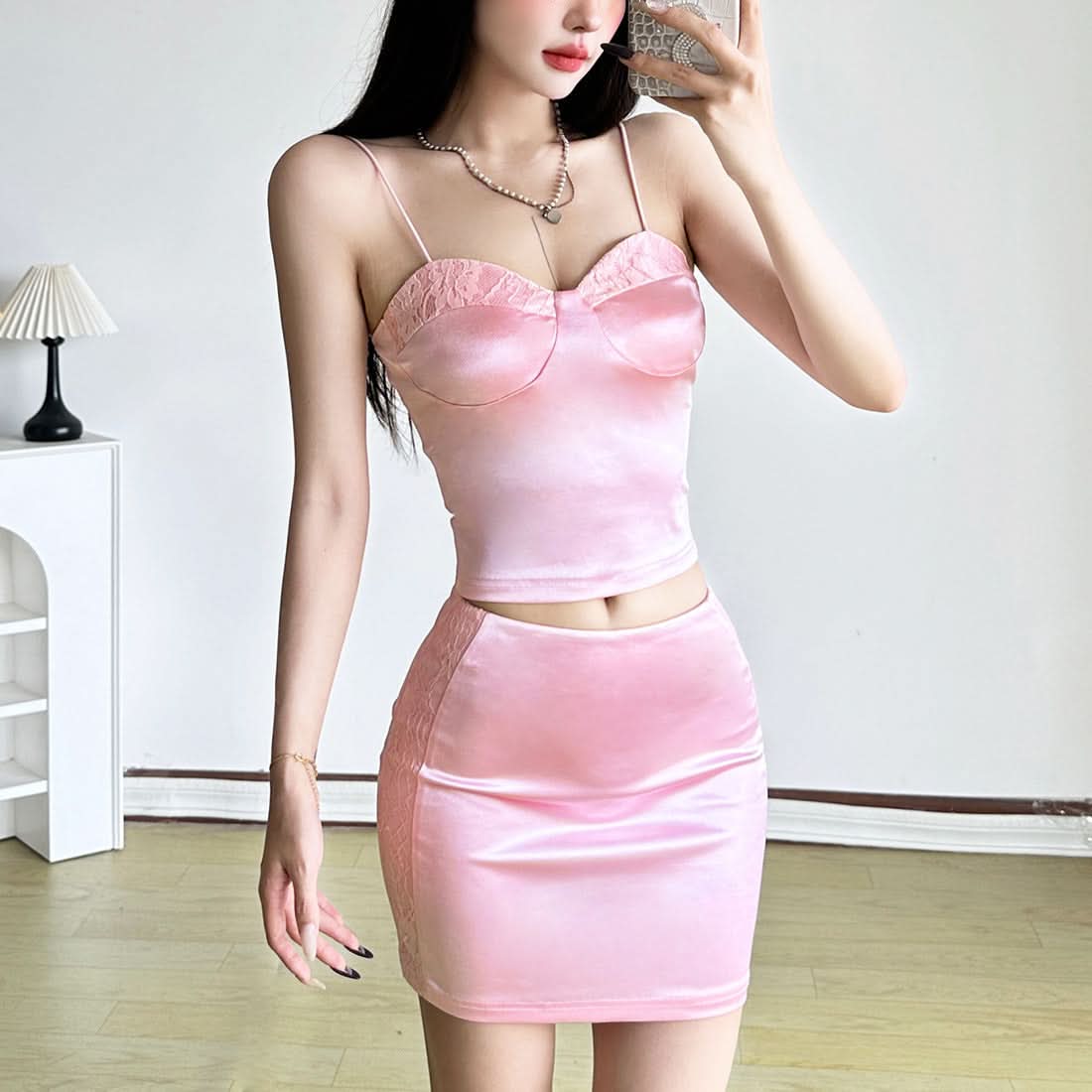 Glam Pink Satin & Lace Bustier Crop Top & Mini Skirt Set - Fall Party & Date Night Essential