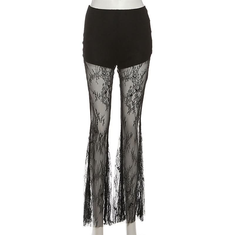 Allure & Elegance: Black High-Rise Sheer Lace Flare Pants - Your Go-To for Fall Evenings & Holiday Glam
