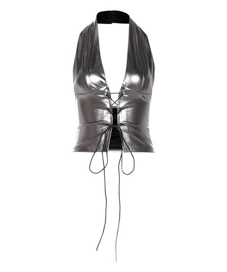 Sleek Metallic Halter Lace-Up Top - Edgy Y2K Style for Fall Parties & Night Outs