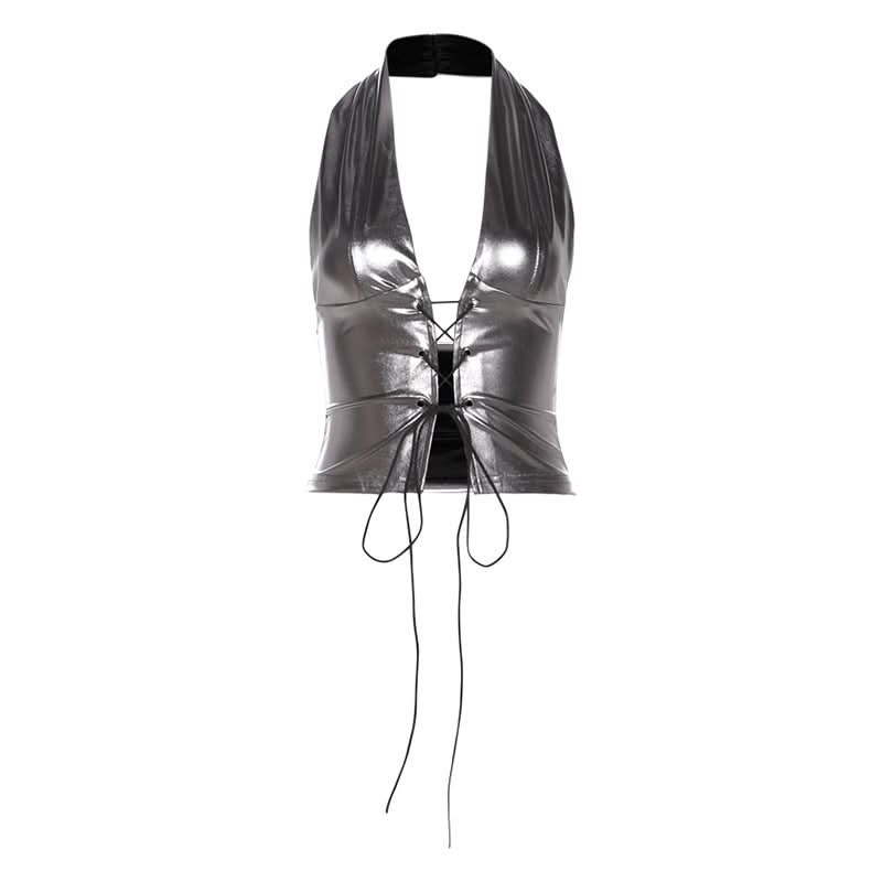 Sleek Metallic Halter Lace-Up Top - Edgy Y2K Style for Fall Parties & Night Outs