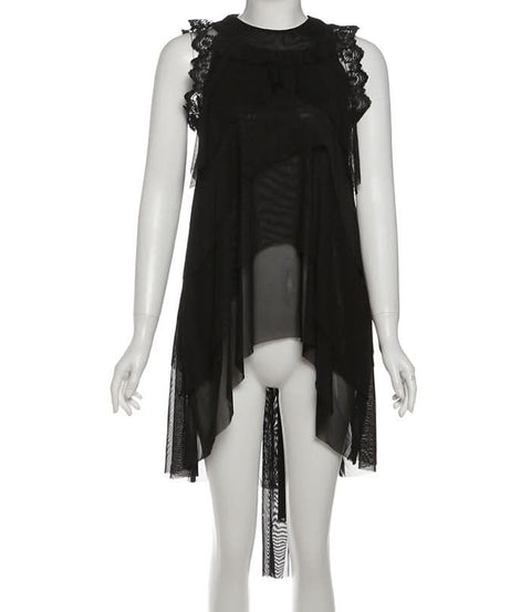 Effortless Chic: Black Tiered Ruffle Tunic with Lace & Sheer Accents - Perfect for Fall & Holiday Parties