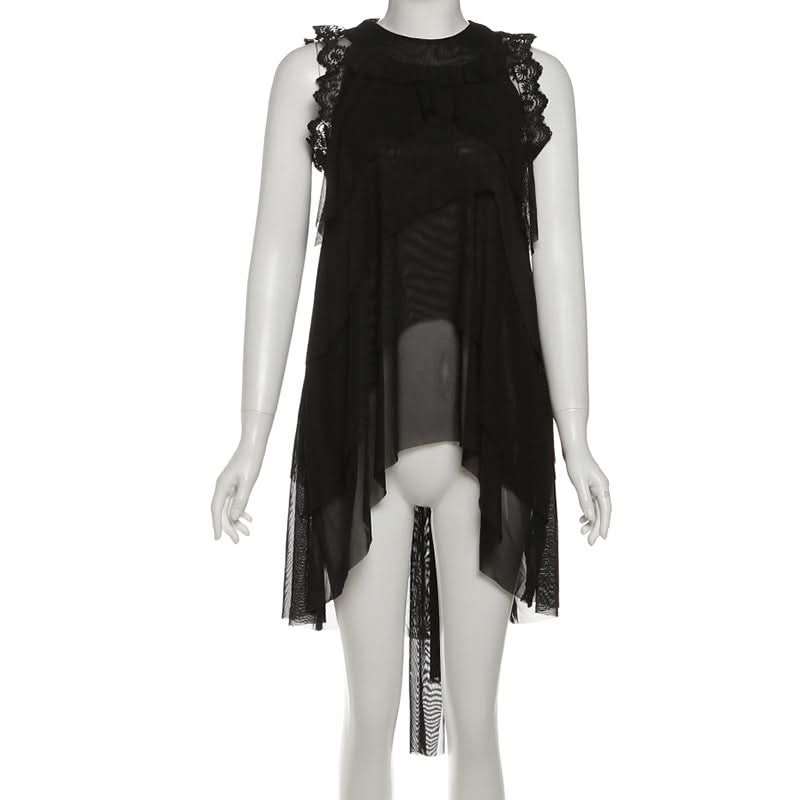 Effortless Chic: Black Tiered Ruffle Tunic with Lace & Sheer Accents - Perfect for Fall & Holiday Parties