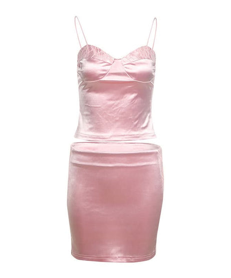 Glam Pink Satin & Lace Bustier Crop Top & Mini Skirt Set - Fall Party & Date Night Essential