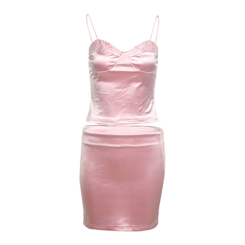 Glam Pink Satin & Lace Bustier Crop Top & Mini Skirt Set - Fall Party & Date Night Essential