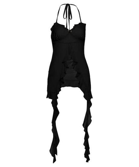Sultry Black Sheer Ruffle Halter Top – Your Chic Fall & Halloween Statement Piece