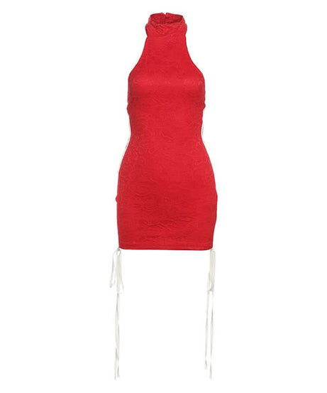 Siren Red Halter Bodycon Mini Dress with Lace Texture & Sporty Stripes - Your Bold Statement for Fall & Holiday Parties