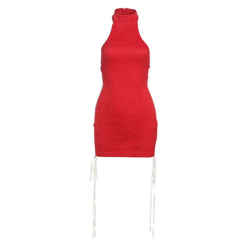 Siren Red Halter Bodycon Mini Dress with Lace Texture & Sporty Stripes - Your Bold Statement for Fall & Holiday Parties