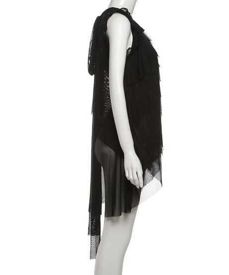 Effortless Chic: Black Tiered Ruffle Tunic with Lace & Sheer Accents - Perfect for Fall & Holiday Parties