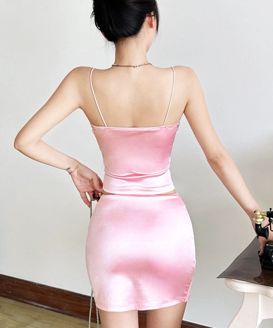 Glam Pink Satin & Lace Bustier Crop Top & Mini Skirt Set - Fall Party & Date Night Essential