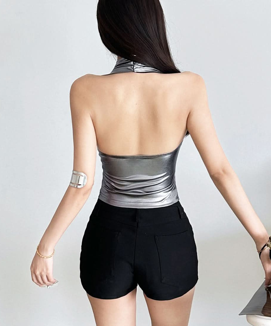 Sleek Metallic Halter Lace-Up Top - Edgy Y2K Style for Fall Parties & Night Outs